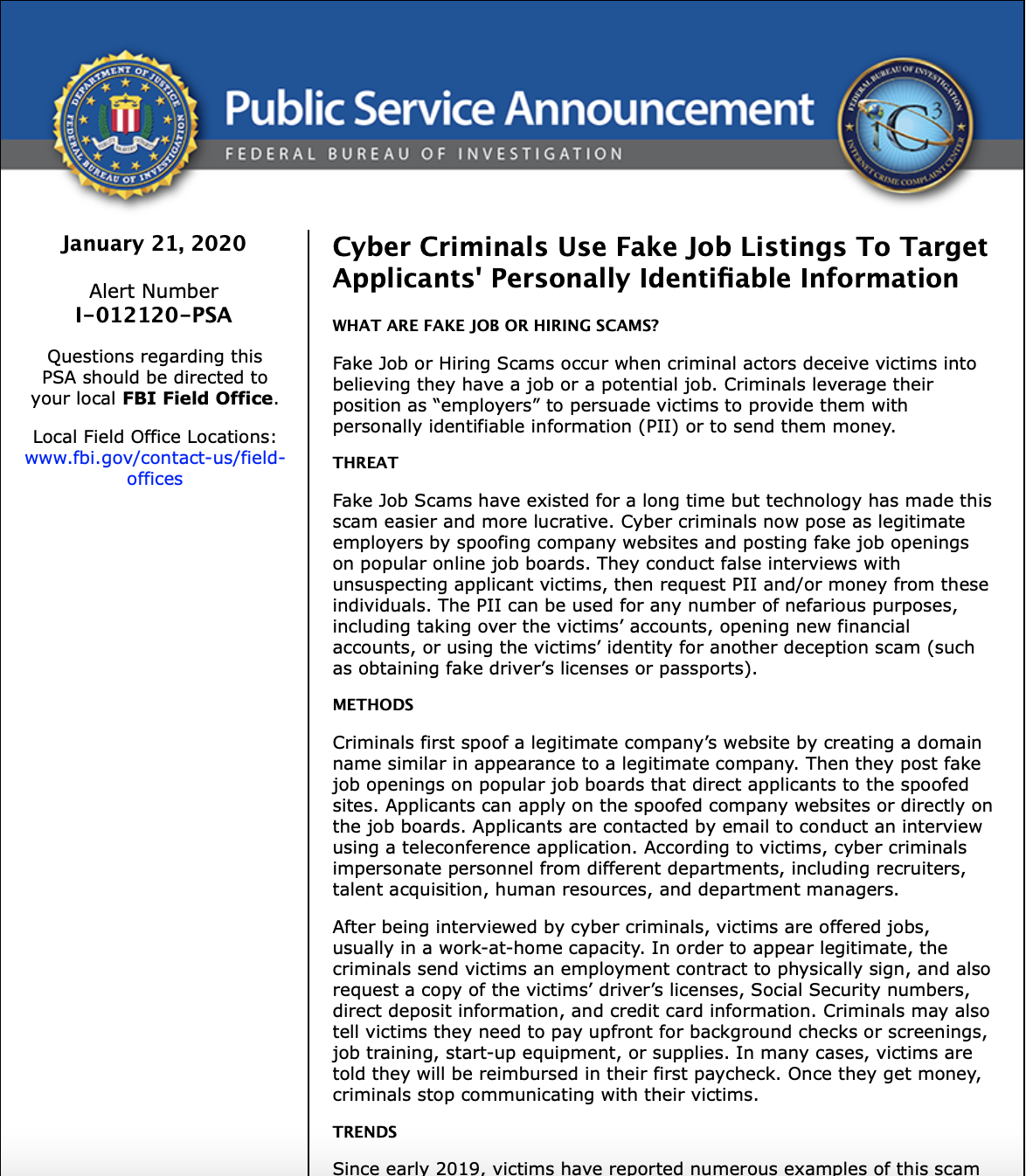 FBI PSA: Cyber Criminals Use Fake Job Listings To Target Applicants' Personally Identifiable Information